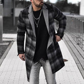 Casaco de lã masculino com lapela xadrez e comprimento médio