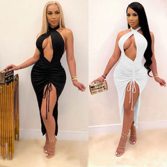 Vestido sexy slim plissado com fenda alta