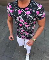 Top estampado gola redonda manga curta slim