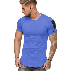 Camiseta deportiva europea y americana ajustada de color sólido con cuello redondo y mangas cortas
