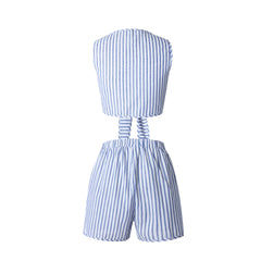 Deep V Bow Sleeveless Stripe Set