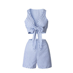 Deep V Bow Sleeveless Stripe Set