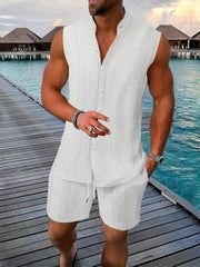 New Summer Men's Shirt Casual Henley Neck Sleeveless Top Shorts Beach Set