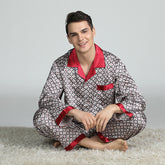 Pijama de seda estampado masculino primavera e verão manga comprida terno