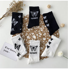 Butterfly Women's Tube Socks Hot Style Black And White Cartoon