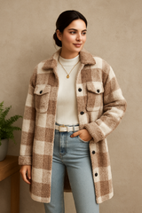 Long Plaid Fleece Coat with Pockets – Autumn & Winter