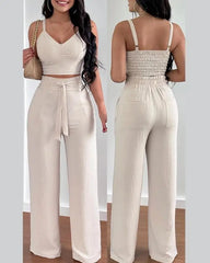 Tow Piceses Outfits for Women 2023 V-Neck Sleeveless Shirred Crop Top & Pocket Design Elegant Work Lady Wide Leg Pants Set