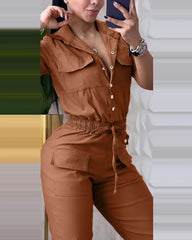 Elegant 2025 women’s jumpsuit – casual, solid color, short sleeve, high waist.