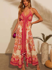 Women's Bohemian Floral Halter Dress – Long, V-Neck, Perfect for Summer, Beach Days, and Casual Outings.
