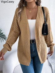 Solid Knit Long Sleeve Cardigan – Autumn & Winter