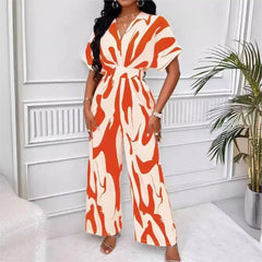Spring Summer New Printed Short Sleeve For Women's Jumpsuit Fashion Waist Slim Simple Elegant Female Office Jumpsuit Pants