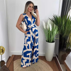 Women's fashionable and minimalist style women's deep V-waist tied jumpsuit -88209 sleeveless mid waist straight leg pants 2024