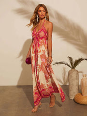 Women's Bohemian Floral Halter Dress – Long, V-Neck, Perfect for Summer, Beach Days, and Casual Outings.