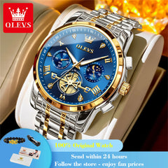 OLEVS 2856 Original Quartz Dress Watch For Men Moon Phase Stainless Steel Business Wristwatch Waterproof Luminous Man Watches