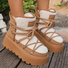 Women’s Winter Snow Boots – Warm, Fleece-Lined, Thick Sole, Cotton Material, Adjustable Ties, Non-Slip Rubber Outsole,