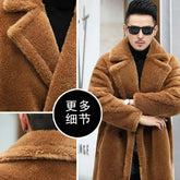 Men’s Winter Leather Coat – Warm, long, fur-lined.