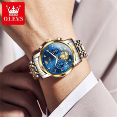 OLEVS 2856 Original Quartz Dress Watch For Men Moon Phase Stainless Steel Business Wristwatch Waterproof Luminous Man Watches