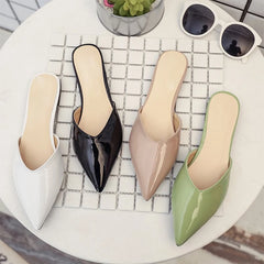 Women’s Patent Leather Sewing Slippers – Flat Heels, Pointed Toe, Closed Design, Suitable for Wide & Narrow Feet