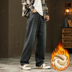 Winter Fleece Warm High Quality Cotton Jeans Men Loose Wide Leg Pants Elastic Waist Korean Velvet Flocking Outdoors Trousers