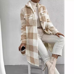 Long Plaid Fleece Coat with Pockets – Autumn & Winter