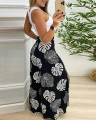 Women Two Piece Suits Summer Solid Cut-out Tank Top & Tropical Print Split Wide Leg Pants Set Woman Casual Holiday Outdoor Wear