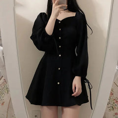 New Spring-autumn Plus-size Petite Dress Single-breasted Waist-fitted Slimming Black Dress For Plus-size Women
