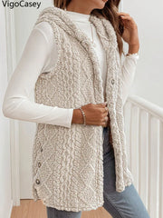 Apricot Hooded Plush Sleeveless Vest – Autumn & Winter