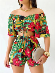 Sexy Off Shoulder Slash Neck T-shirt Shorts Set Office Lady Floral Print Lace Up Short Sleeve Two Piece Set Women Outfit 2023