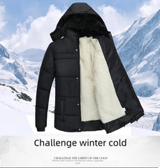 Thickened cotton padded men’s jacket, warm and medium-length.