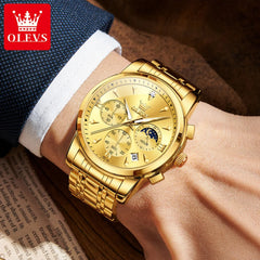 OLEVS 3639 Moon Phase Quartz Watch For Men Fashion Chronograph Luxury Wristwatch Waterproof Luminous Date Business Man Watches