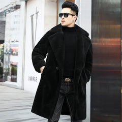 Men’s Winter Leather Coat – Warm, long, fur-lined.