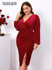 2024 Winter Wine Red Velvet Plus Size Dress Women V-Neck Long Sleeve Midi Dresses Ladies Sexy Split Bodycon Evening Party Dress