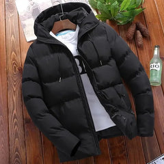 Men’s cotton puffer jacket with hood, loose fit, cropped design — perfect for casual and outdoor wear.
