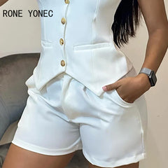 2024 Women Buttoned V-Neck Vest Top & Shorts Set Blazer Women Suits