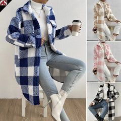 Long Plaid Fleece Coat with Pockets – Autumn & Winter