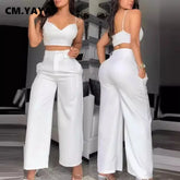 CM.YAYA Fashion Women's Set Spaghetti Strap V-neck Crop Top and Wide Leg Pants 2024 Party Two 2 Piece Sets Outfits Tracksuit