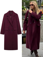 Burgundy Wool Blend Double-Breasted Coat – Autumn & Winter