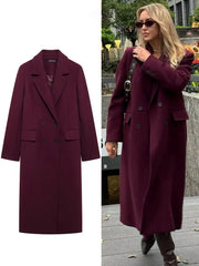 Burgundy Wool Blend Double-Breasted Coat – Autumn & Winter