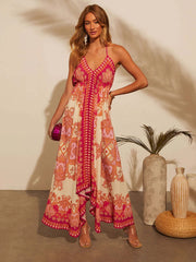 Women's Bohemian Floral Halter Dress – Long, V-Neck, Perfect for Summer, Beach Days, and Casual Outings.