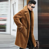 Men’s Winter Leather Coat – Warm, long, fur-lined.