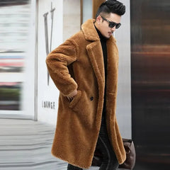 Men’s Winter Leather Coat – Warm, long, fur-lined.