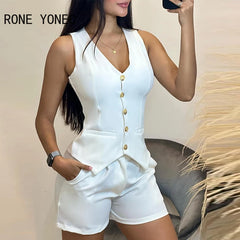 2024 Women Buttoned V-Neck Vest Top & Shorts Set Blazer Women Suits