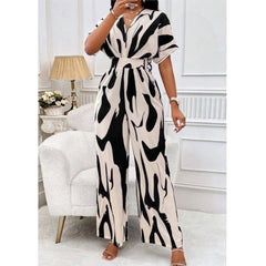 Spring Summer New Printed Short Sleeve For Women's Jumpsuit Fashion Waist Slim Simple Elegant Female Office Jumpsuit Pants