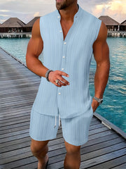 New Summer Men's Shirt Casual Henley Neck Sleeveless Top Shorts Beach Set