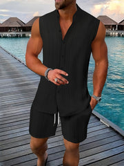 New Summer Men's Shirt Casual Henley Neck Sleeveless Top Shorts Beach Set