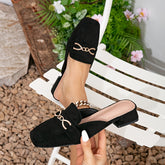 Ladies’ Square-Toe Mules – Lightweight Flats with Gold Chain Detail, Black Casual Slip-Ons with Rubber Soles, All-Season Comfort