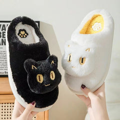 Pantufas de gato de algodão, macias, confortáveis, quentes, para casal, slip-on, casa, fofas, rosto de gato, pantufas para inverno