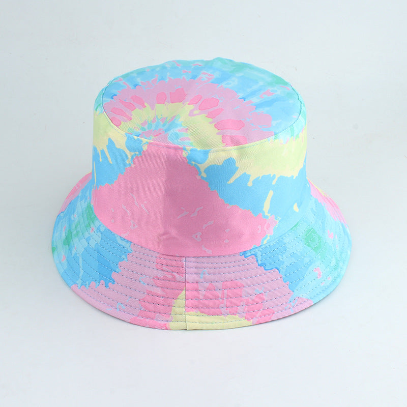 Nuevo estilo de sombrero de pescador con estampado de doble cara, color tie-dye, estilo hip-hop, informal, de parte superior plana, para lavabo