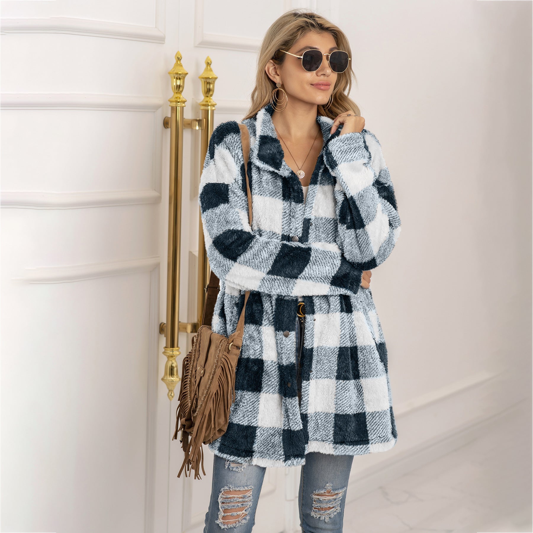 Colorblock Plaid Fleece Jacket Fashion Single Breasted Long Jacket Women's Clothing