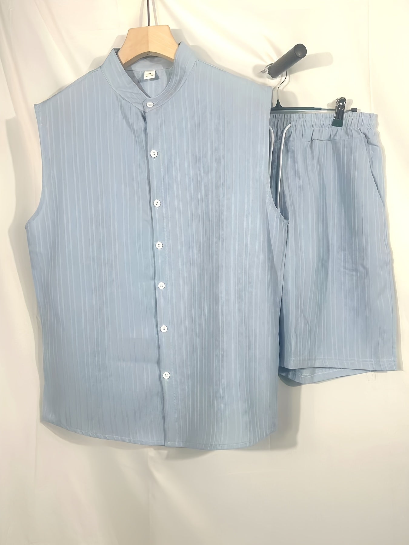 New Summer Men's Shirt Casual Henley Neck Sleeveless Top Shorts Beach Set